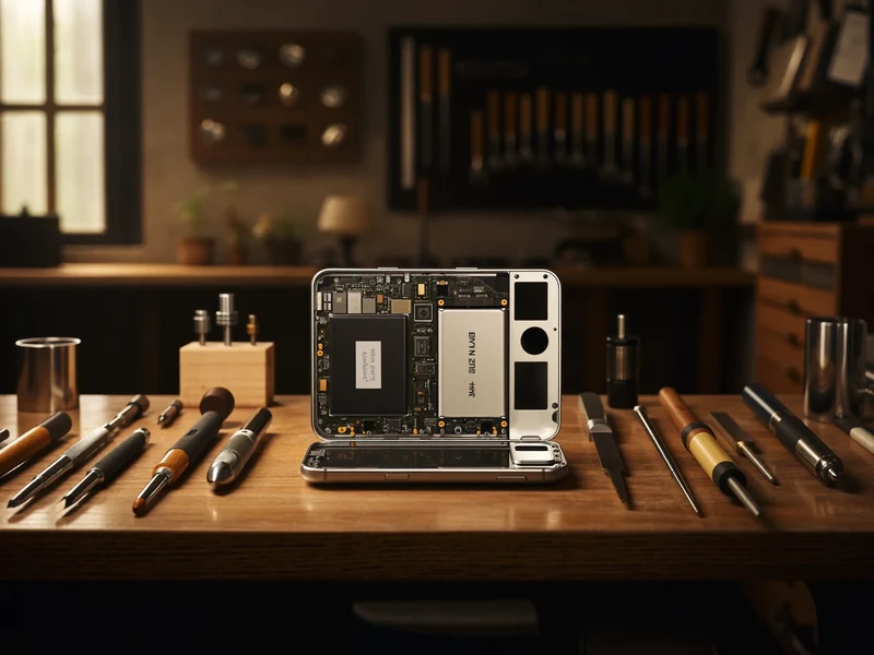 Établi d'atelier ordonné avec un smartphone ouvert et des outils de précision