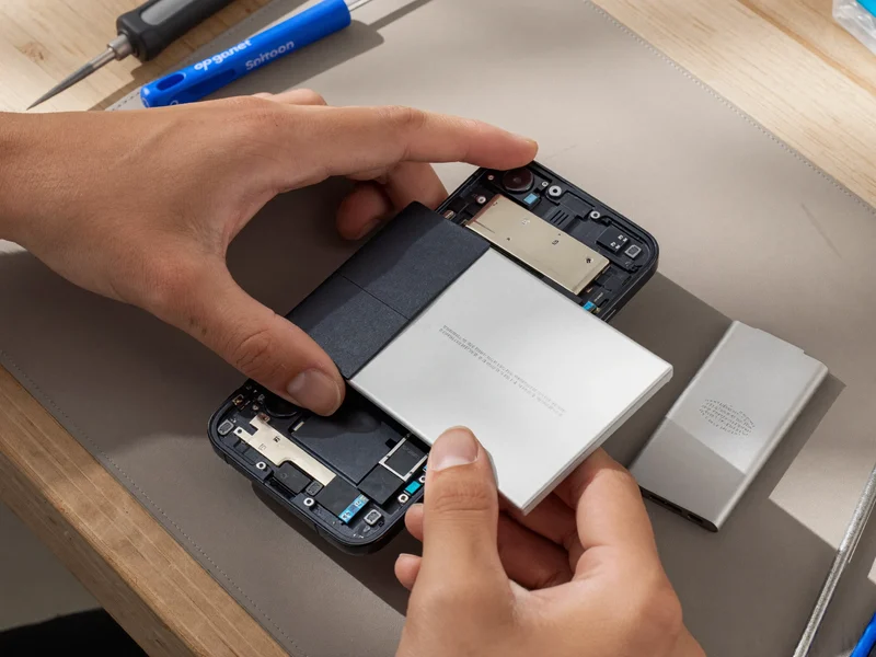 Smartphone ouvert, batterie retirée et cellule de remplacement posée à côté