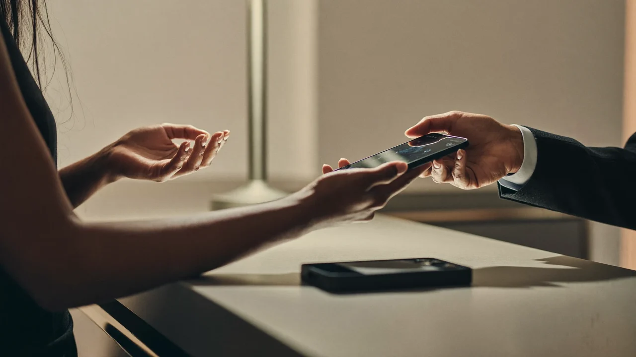 Comptoir calme où un téléphone réparé est remis à un client