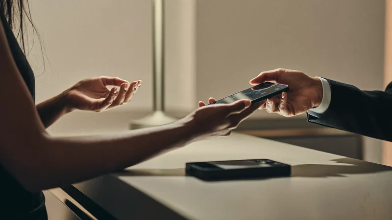Comptoir calme où un téléphone réparé est remis à un client